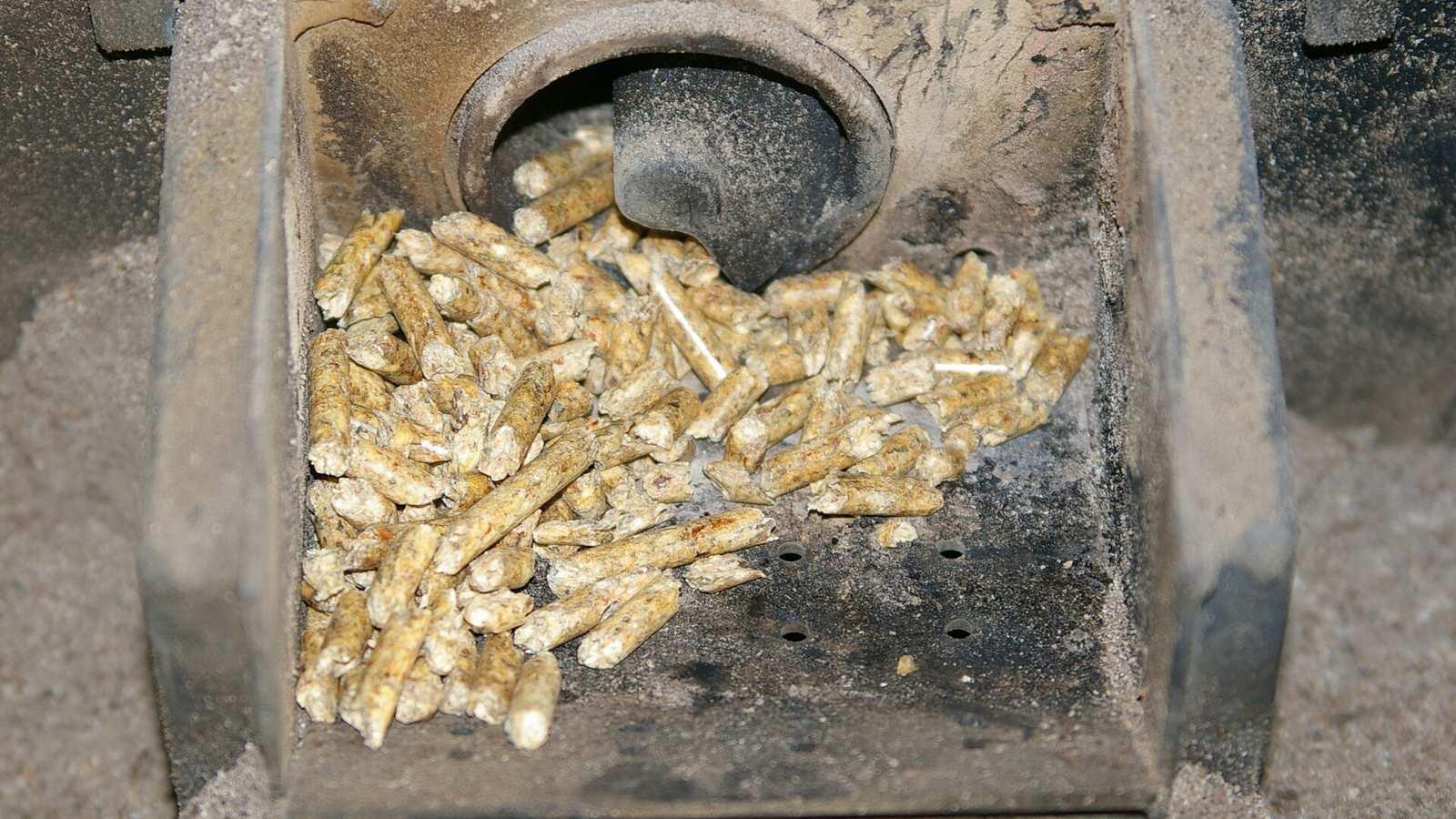 Brasier d'un poêle à granulés contenant des granulés de bois et des traces de cendre, avec l'arrivée de la vis d'alimentation au fond