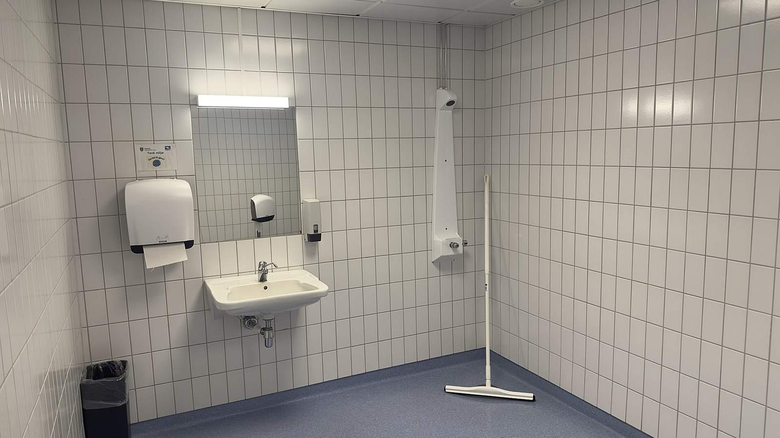Salle d'eau accessible réunissant un WC équipé d'accoudoirs, un lavabo suspendu, un miroir et une douche, dans un lycée en Norvège