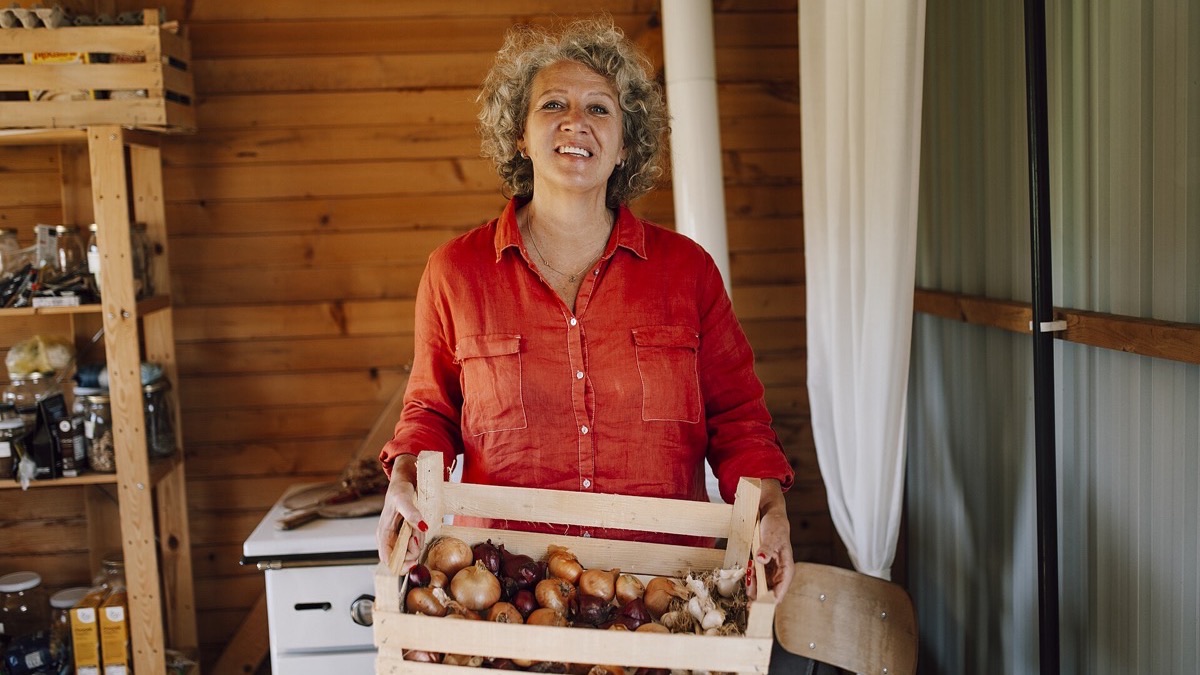 Potager rural en été avec rangs de légumes et bocaux de conserves posés sur une table en bois